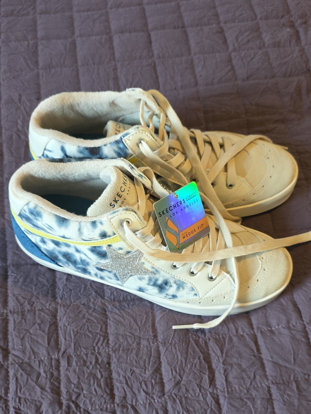Skechers White and Blue Tie-Dye Star Lace-Up Sneakers